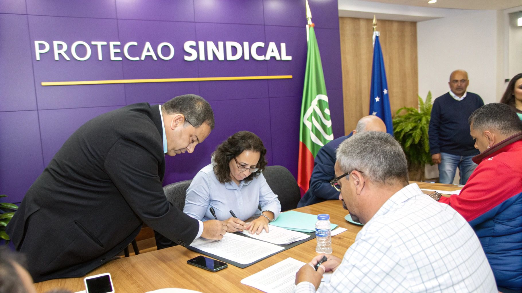 Advogado analisando documentos legais em uma mesa de escritório.