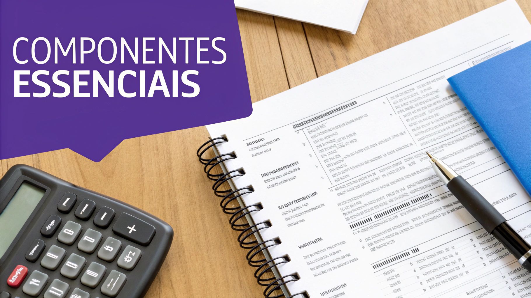 Circular de Oferta de Franquia: O Guia Completo Para Uma Parceria Segura 2 Calculadora, caderno, caneta e documentos sobre uma mesa de madeira com o texto 'COMPONENTES ESSENCIAIS'.