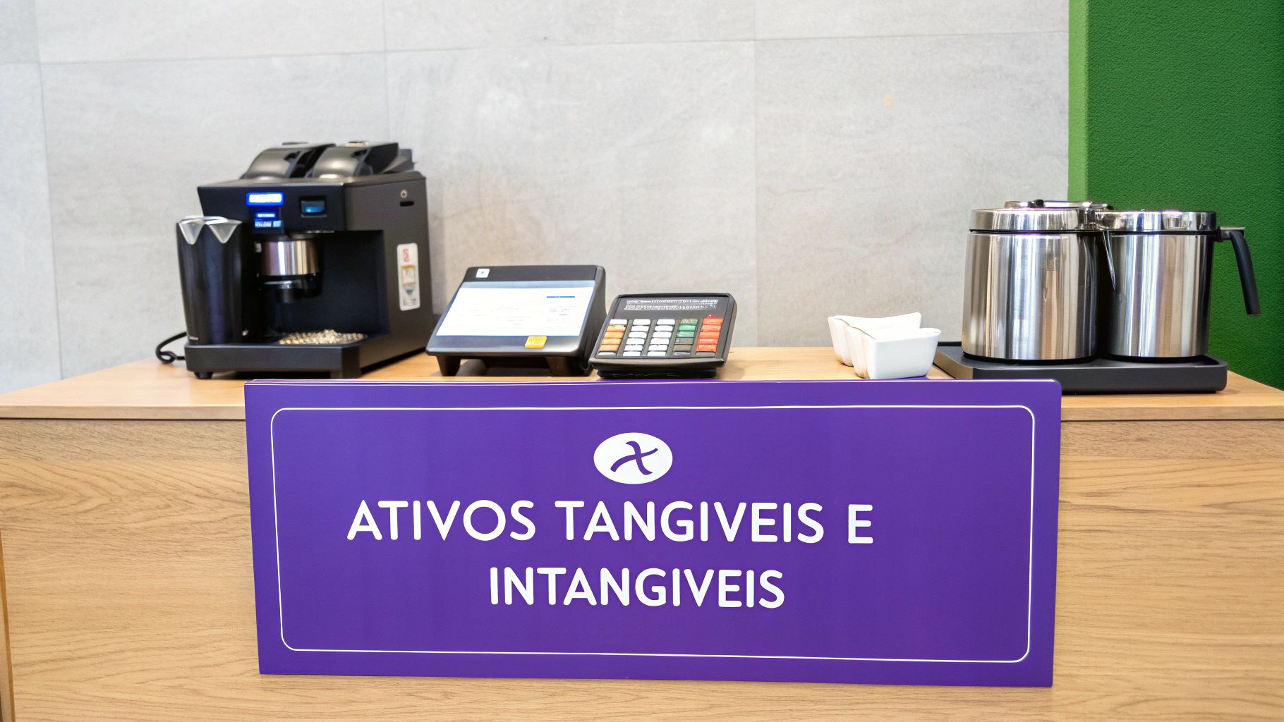 O que é estabelecimento comercial e como ele impulsiona seu negócio 2 Máquina de café, terminais de pagamento e recipientes metálicos em um balcão, com uma placa roxa 'Ativos Tangíveis e Intangíveis'.