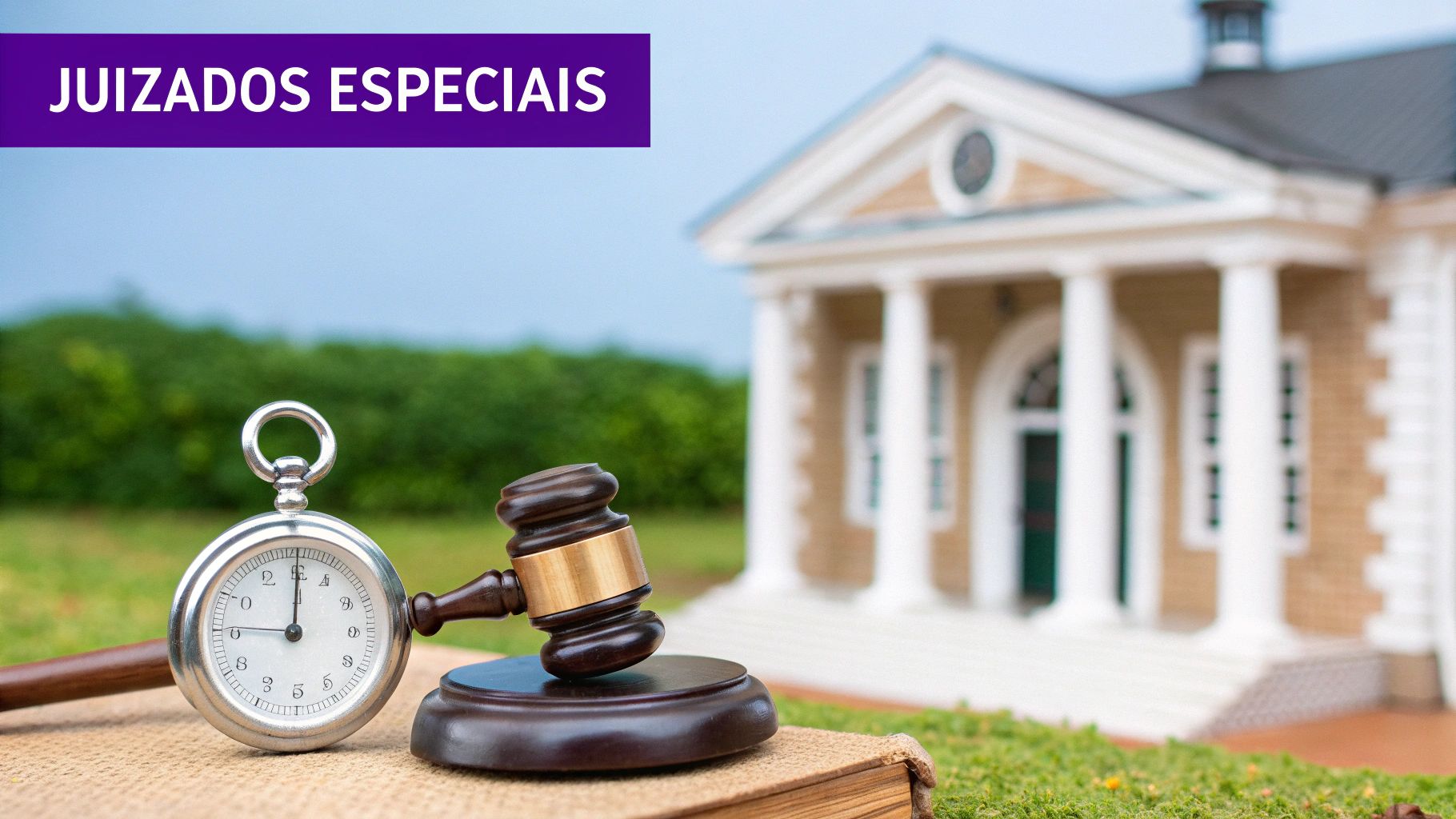 Ação de Cobrança Competência: Guia Completo Para Não Errar o Foro 3 Martelo de juiz e relógio de bolso sobre um livro, com um tribunal ao fundo e a inscrição 'JUIZADOS ESPECIAIS'.