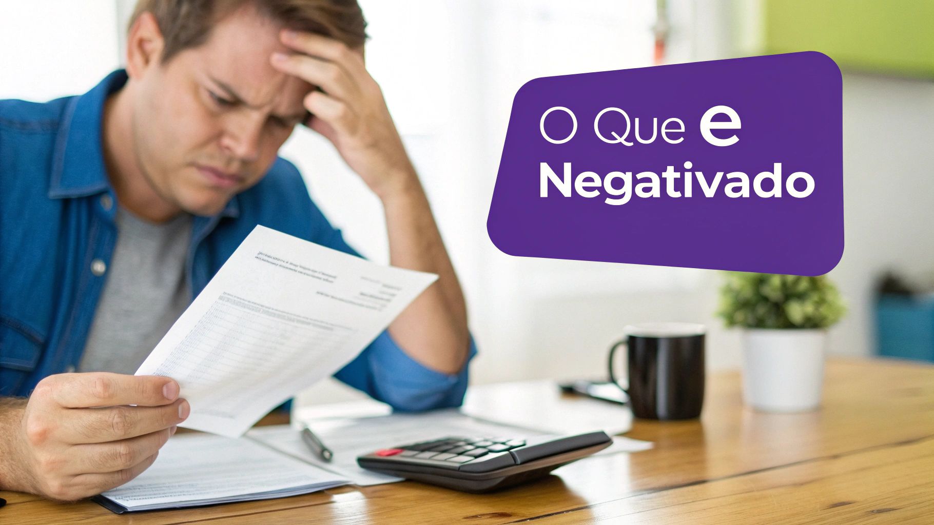 Um homem estressado analisa documentos e contas em sua mesa, com a frase 'O Que é Negativado' em destaque.