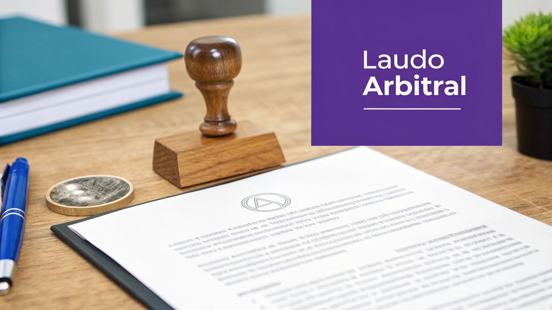 O que é convenção de arbitragem e como funciona? 4 Documentos, carimbo e caneta sobre uma mesa de madeira com o título 'Laudo Arbitral'.