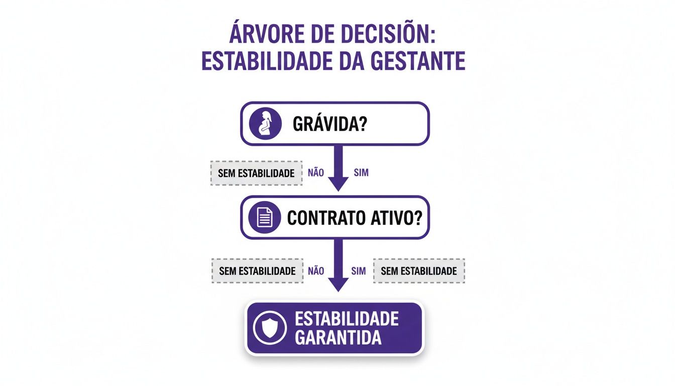 Licença Maternidade Estabilidade: O Guia Completo Para 2024 1 Fluxograma sobre estabilidade da gestante, com perguntas sobre gravidez e contrato ativo para determinar a estabilidade.