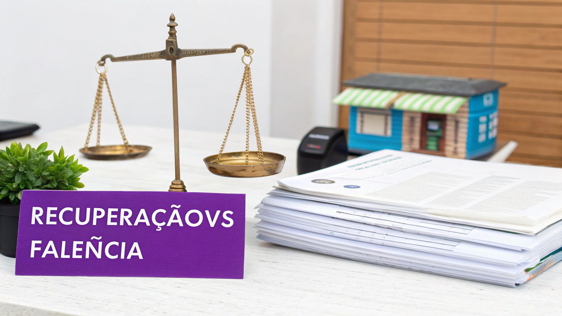 Balança da justiça, documentos e letreiro 'RecuperaçãoVS Falência' sobre uma mesa de escritório.