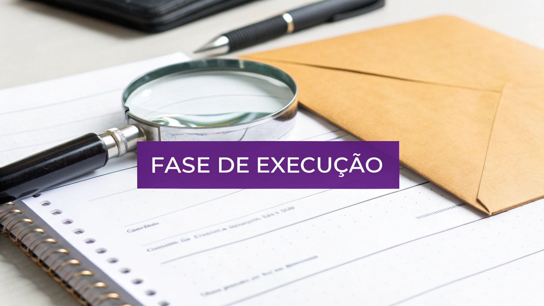 Lupa, caneta, caderno e envelope em mesa, com a frase 'FASE DE EXECUÇÃO' sobreposta.
