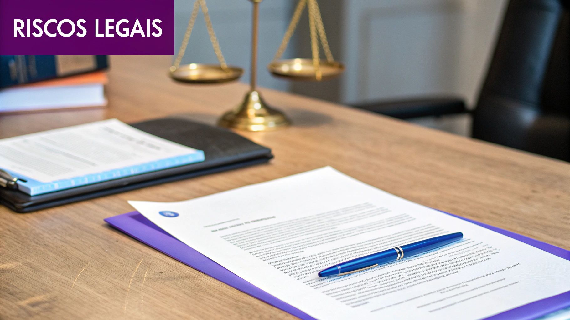 Mesa de escritório com documentos legais, caneta, e balança da justiça, simbolizando riscos legais.