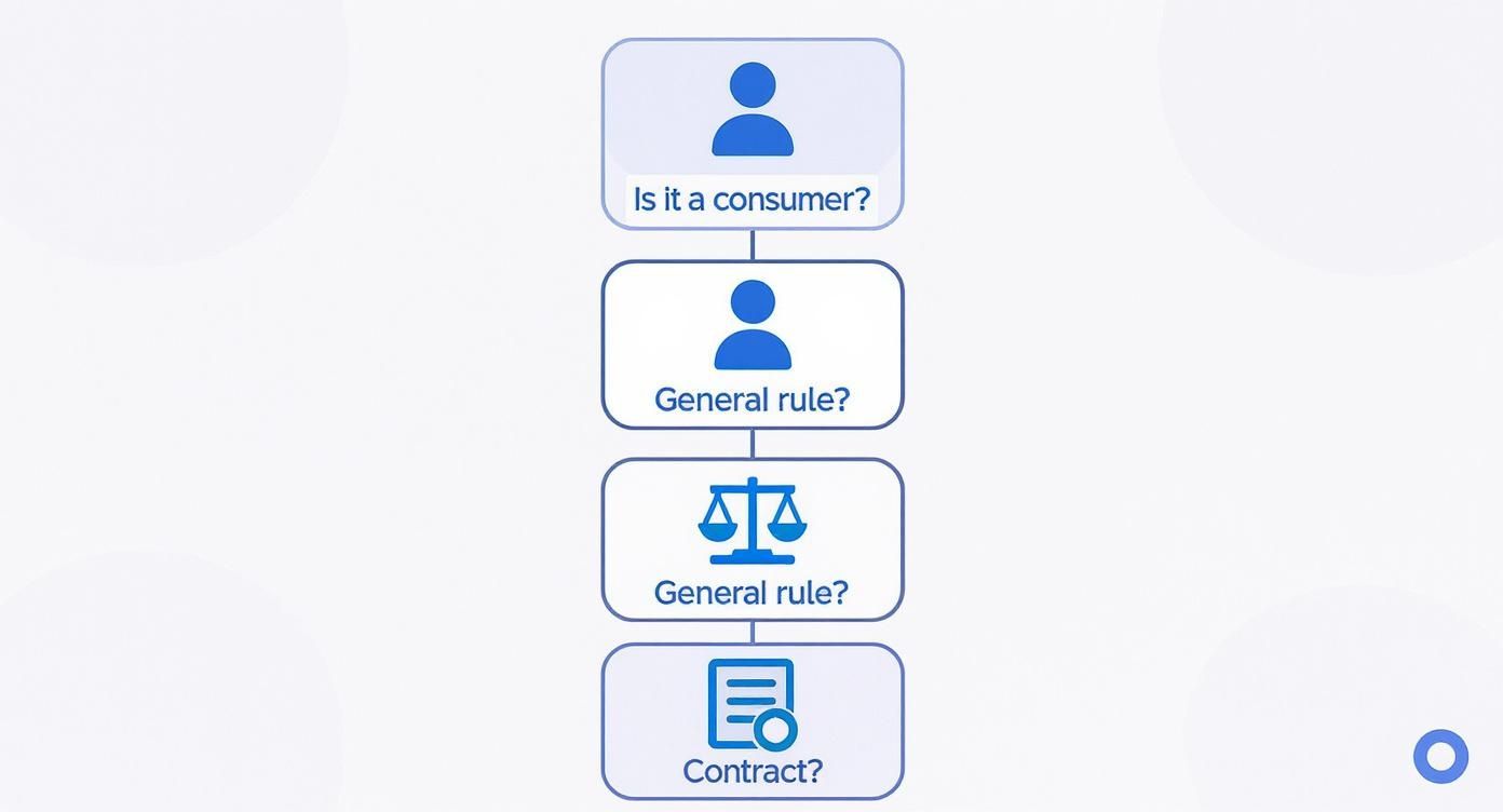 Ação de Cobrança Competência: Guia Completo Para Não Errar o Foro 1 Fluxograma vertical azul para decisão legal, perguntando sobre consumidor, regras gerais e contrato.