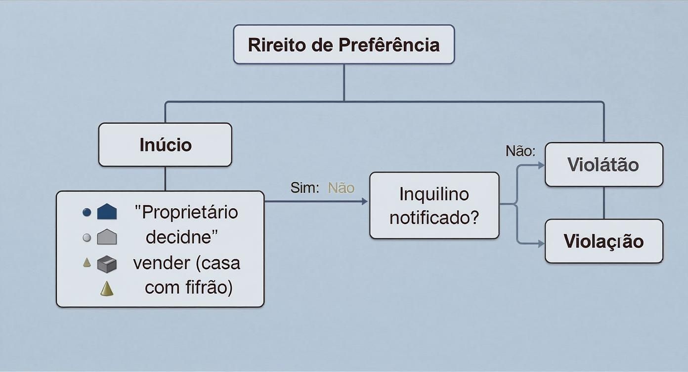 Infográfico mostrando a árvore de decisão do direito de preferência, começando com a decisão do proprietário de vender, passando pela notificação ao inquilino e os caminhos de aceitação ou violação do direito.