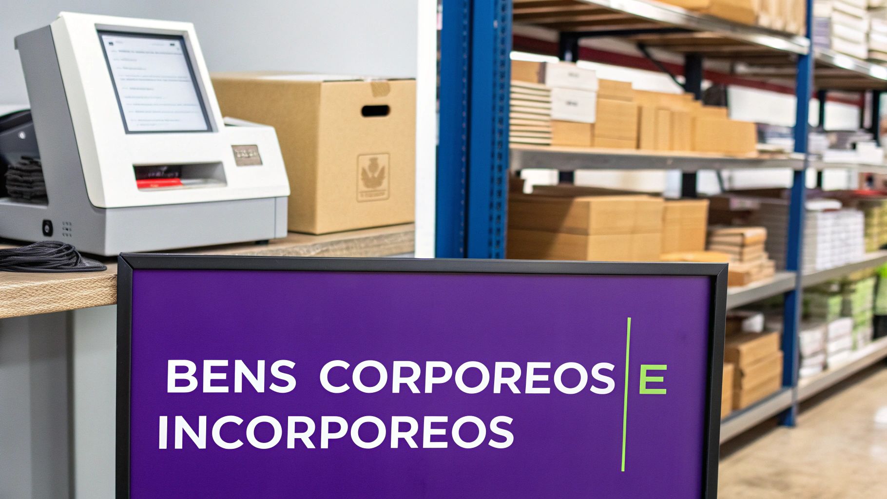 Placa roxa com 'BENS CORPOREOS E INCORPOREOS' em destaque, com um kiosk e prateleiras de estoque desfocadas ao fundo.