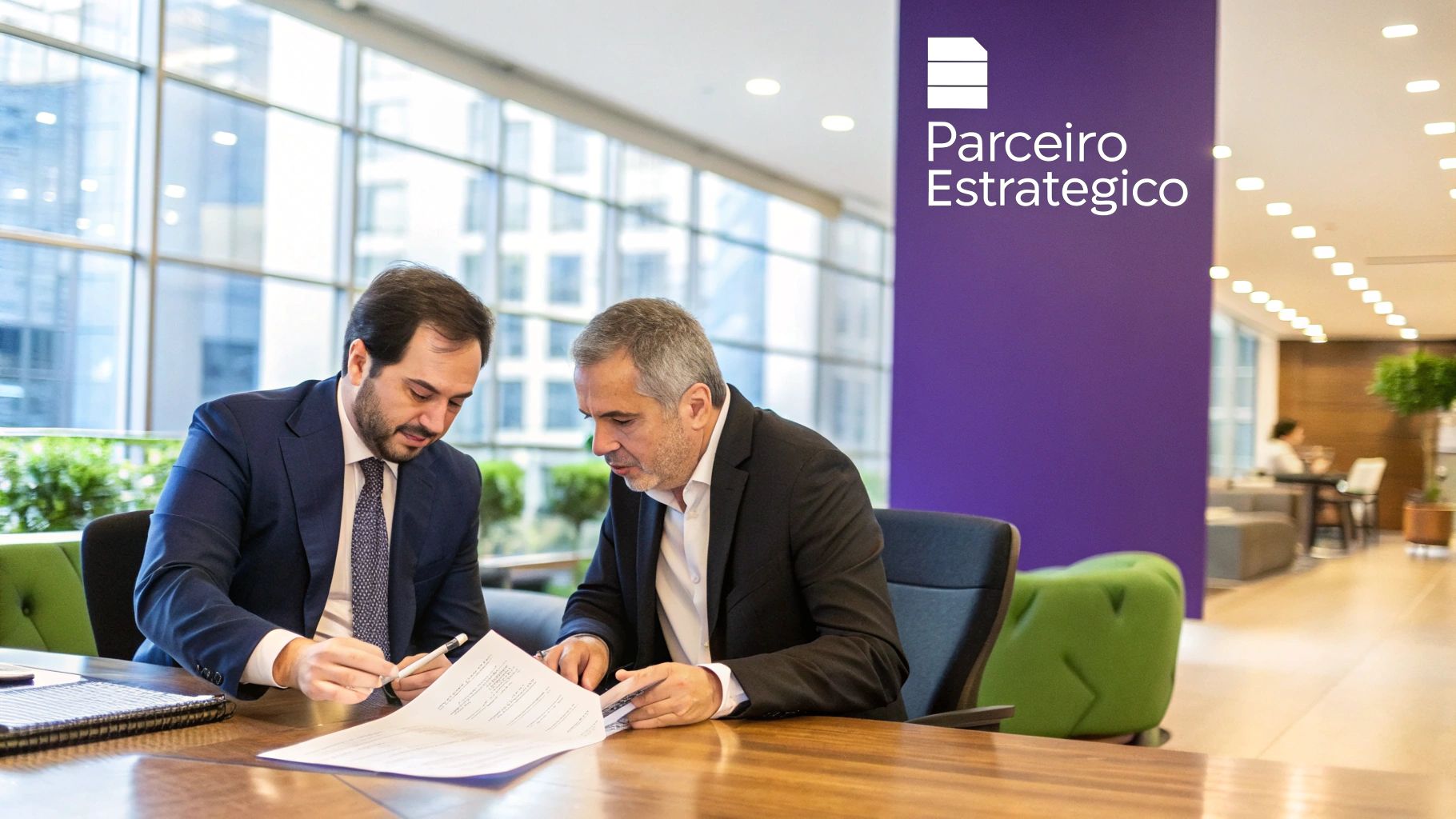 Um advogado empresarial em reunião estratégica com clientes, discutindo documentos legais em uma sala de conferências moderna.