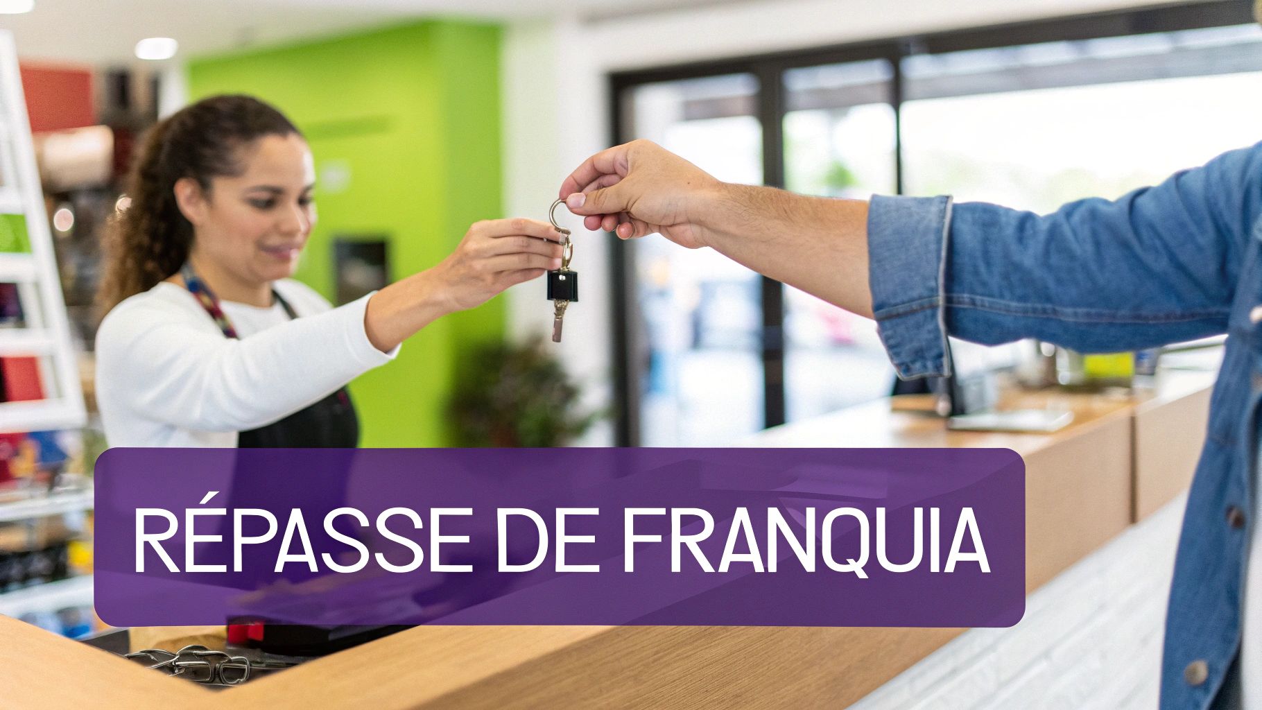 Repasse de Franquia: O Guia Completo Para Uma Transferência Segura 1 Mulher sorridente entregando um chaveiro com chaves a um homem, simbolizando um repasse de franquia.