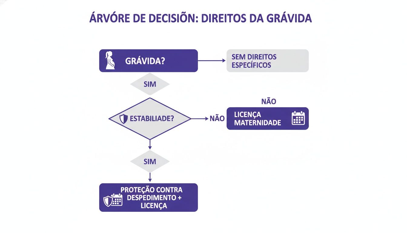 Direito das gravidas no trabalho: Guia completo 2024 1 Árvore de decisão sobre os direitos trabalhistas da mulher grávida, detalhando proteções e licenças.
