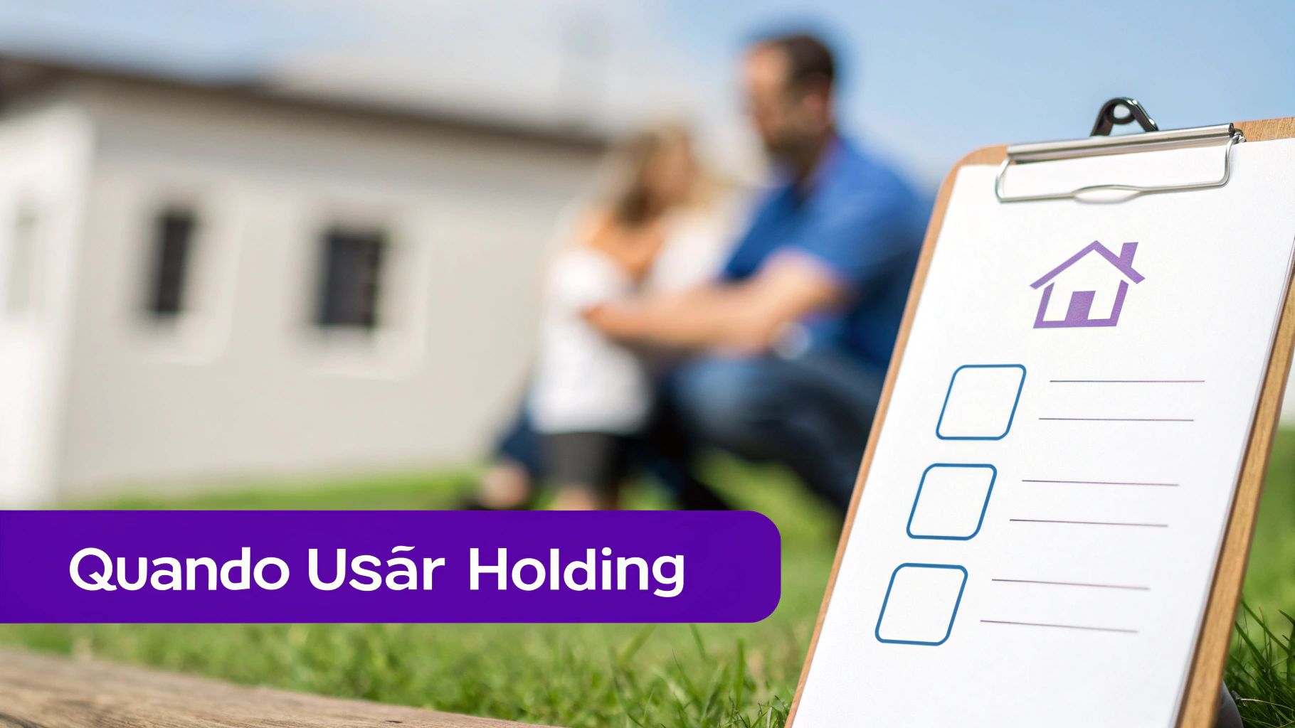 Prancheta com ícone de casa e checklist, com um casal e casa desfocados ao fundo. Banner roxo com 'Quando Usar Holding'.