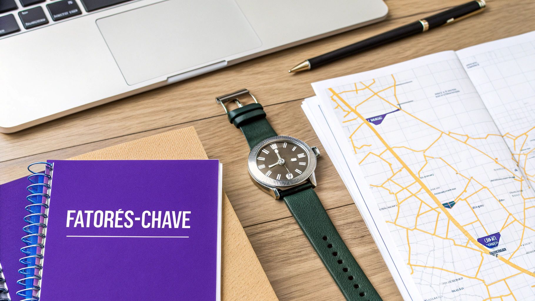 Um flat lay de mesa de escritório com um laptop, caderno roxo 'FATORES-CHAVE', relógio de pulso, caneta e um mapa aberto.