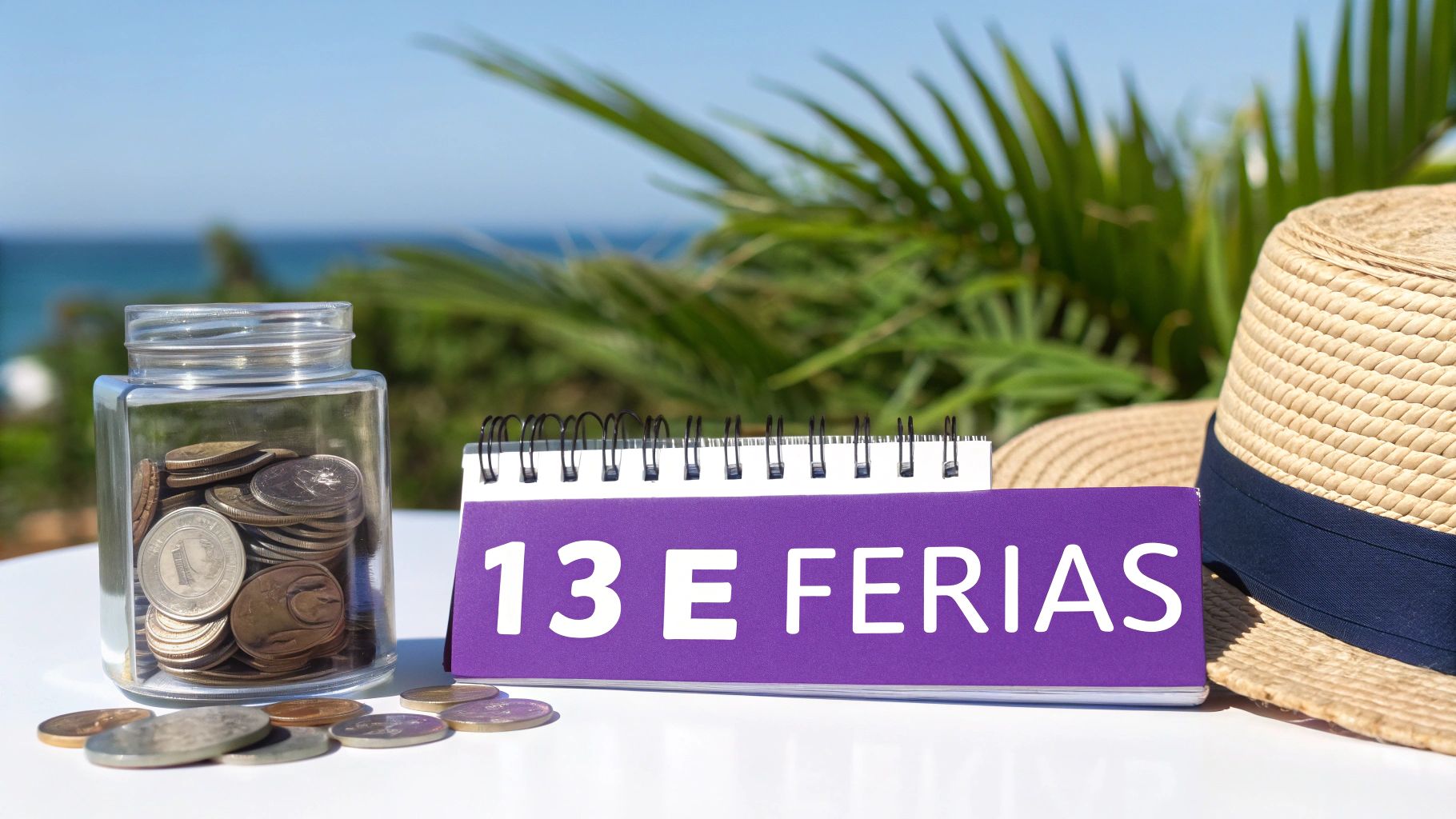 Um pote de moedas, um caderno roxo com '13 E FÉRIAS' e um chapéu de palha, simbolizando poupança para férias na praia.