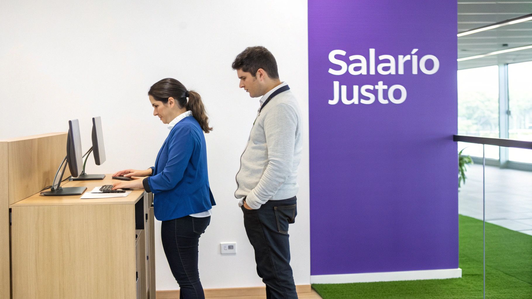 Duas pessoas em um escritório, uma mulher usando um computador e um homem ao lado, com um mural roxo escrito "Salário Justo".