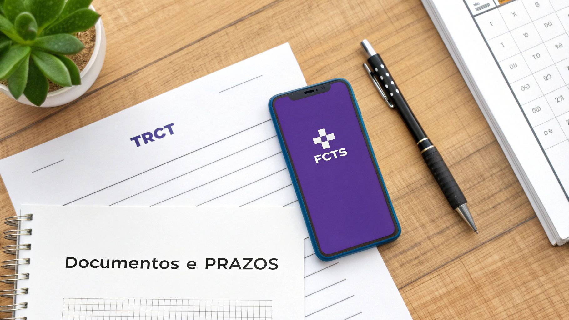 Mesa de trabalho com documentos TRCT, celular com aplicativo FCTS, caneta e bloco de notas.