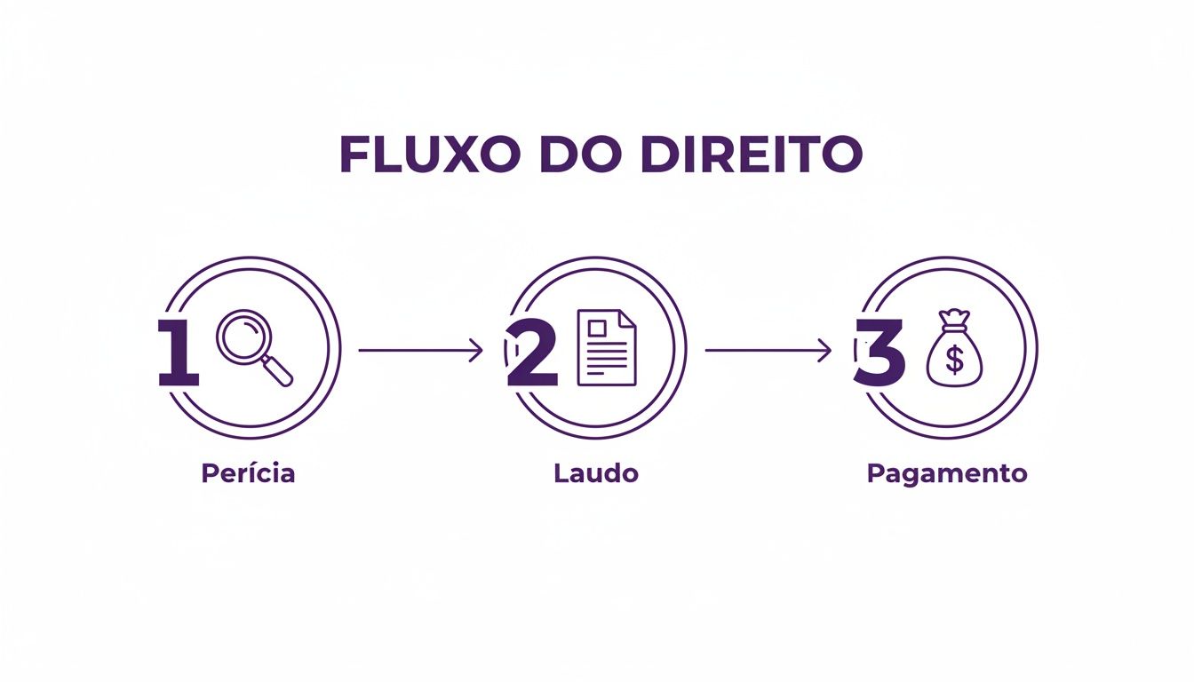 Fluxograma do processo legal: perícia, laudo e pagamento, ilustrando as três etapas principais.