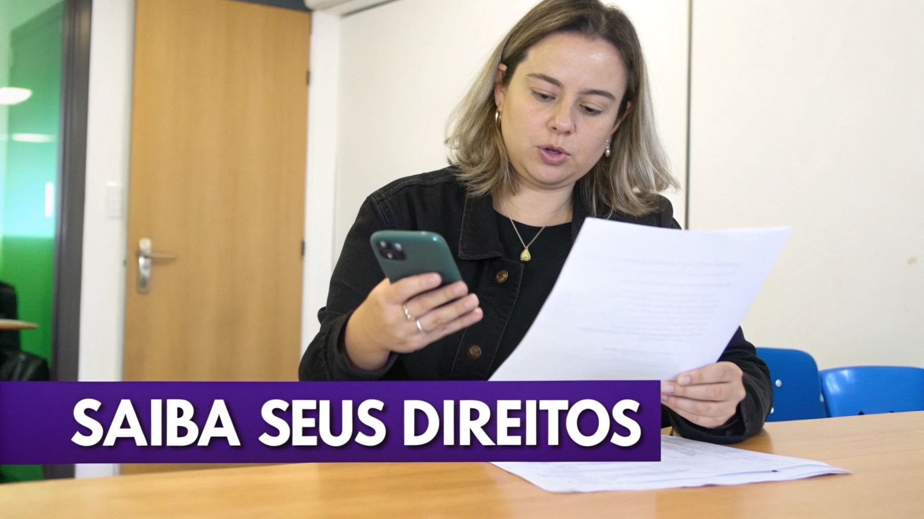 Mulher com documentos conversando com advogado