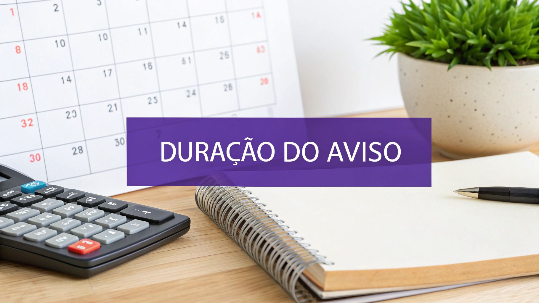 Um calendário, calculadora e bloco de notas em uma mesa de madeira, com o texto 'DURAÇÃO DO AVISO' sobreposto.