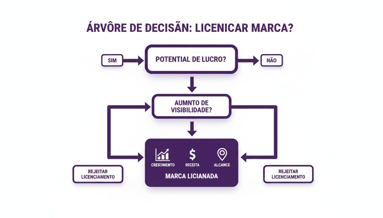 Árvore de decisão detalhando o processo de licenciamento de marca, analisando potencial de lucro e visibilidade para crescimento e receita.