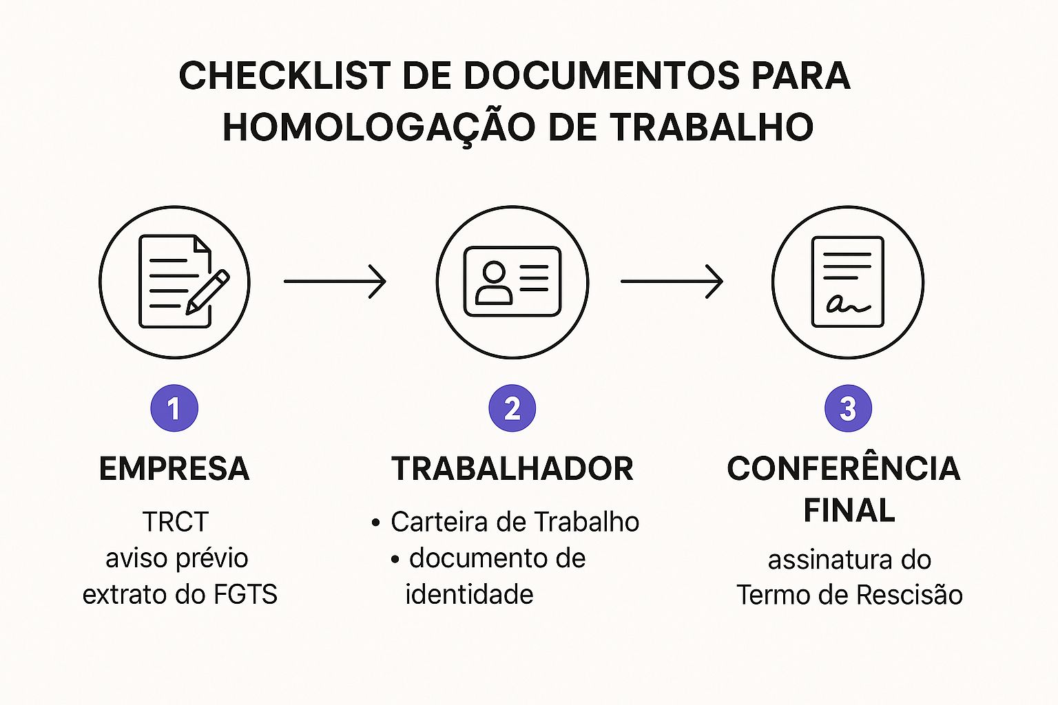 Infográfico mostrando o checklist de documentos para a homologação de trabalho, com as responsabilidades da empresa e do trabalhador.