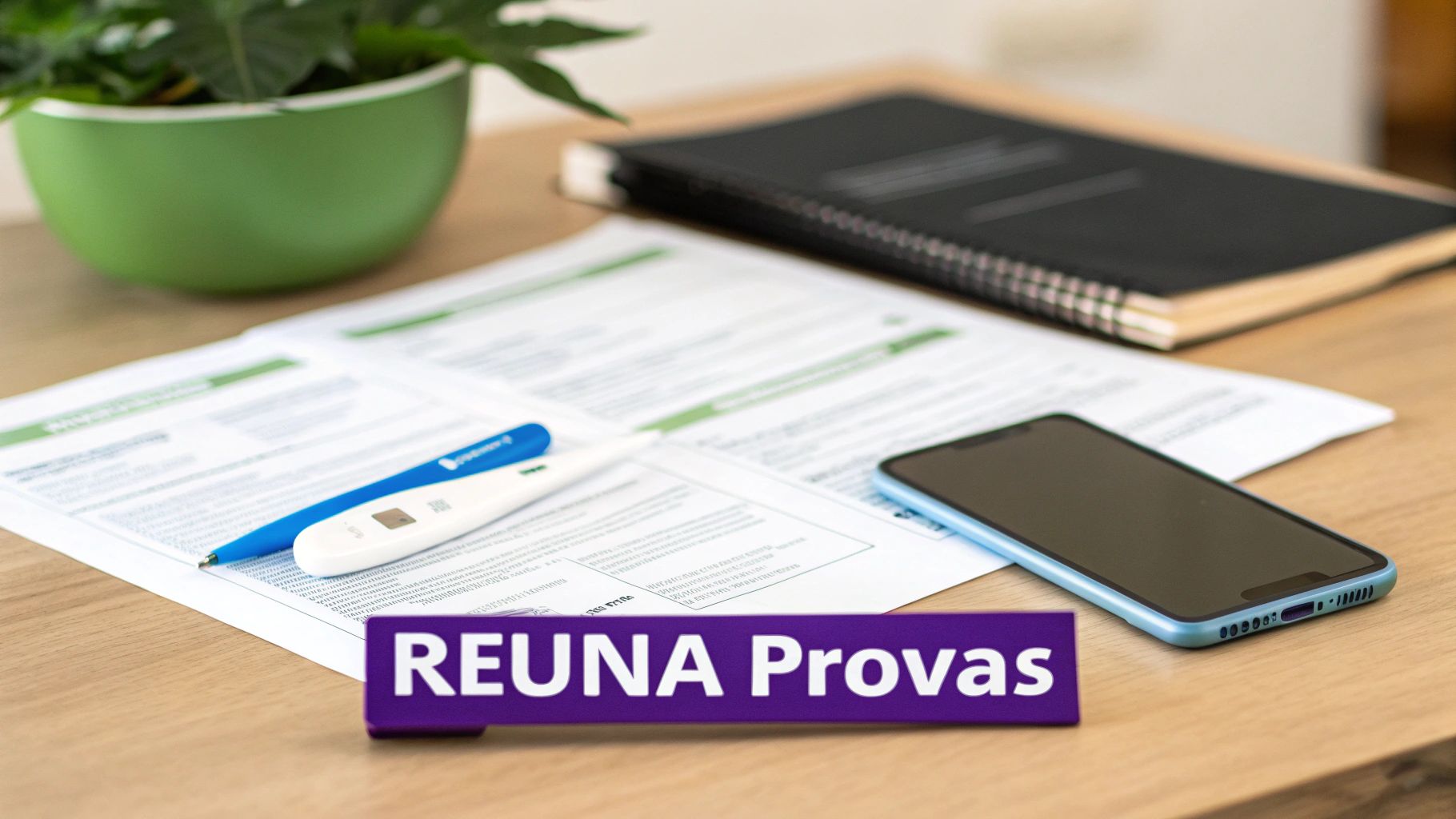 Uma mesa de madeira clara com documentos, caneta azul, termômetro digital, celular e um letreiro roxo escrito 'REUNA Provas'.