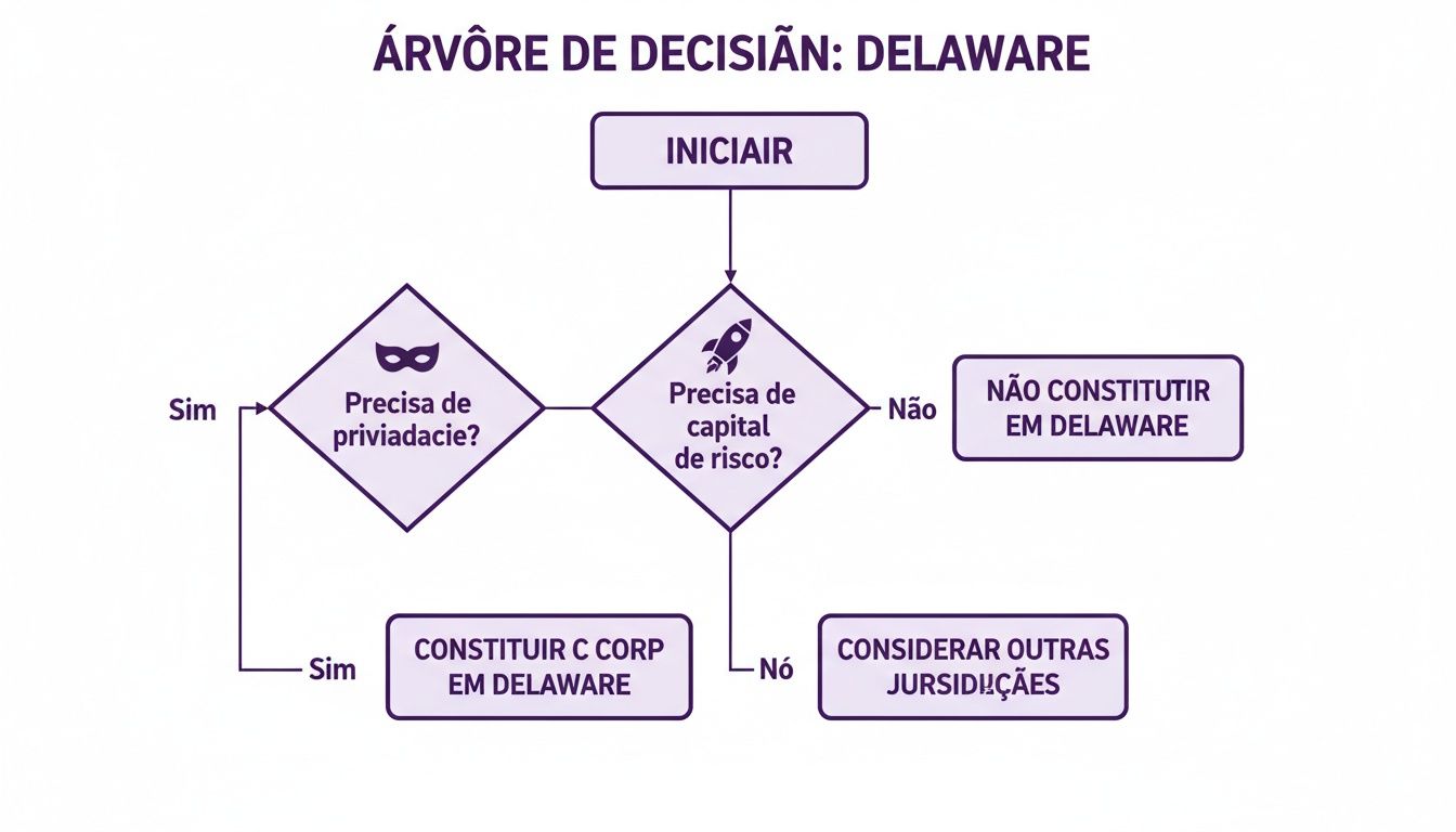 Fluxograma de decisão sobre a constituição de uma empresa em Delaware, abordando privacidade e capital de risco.