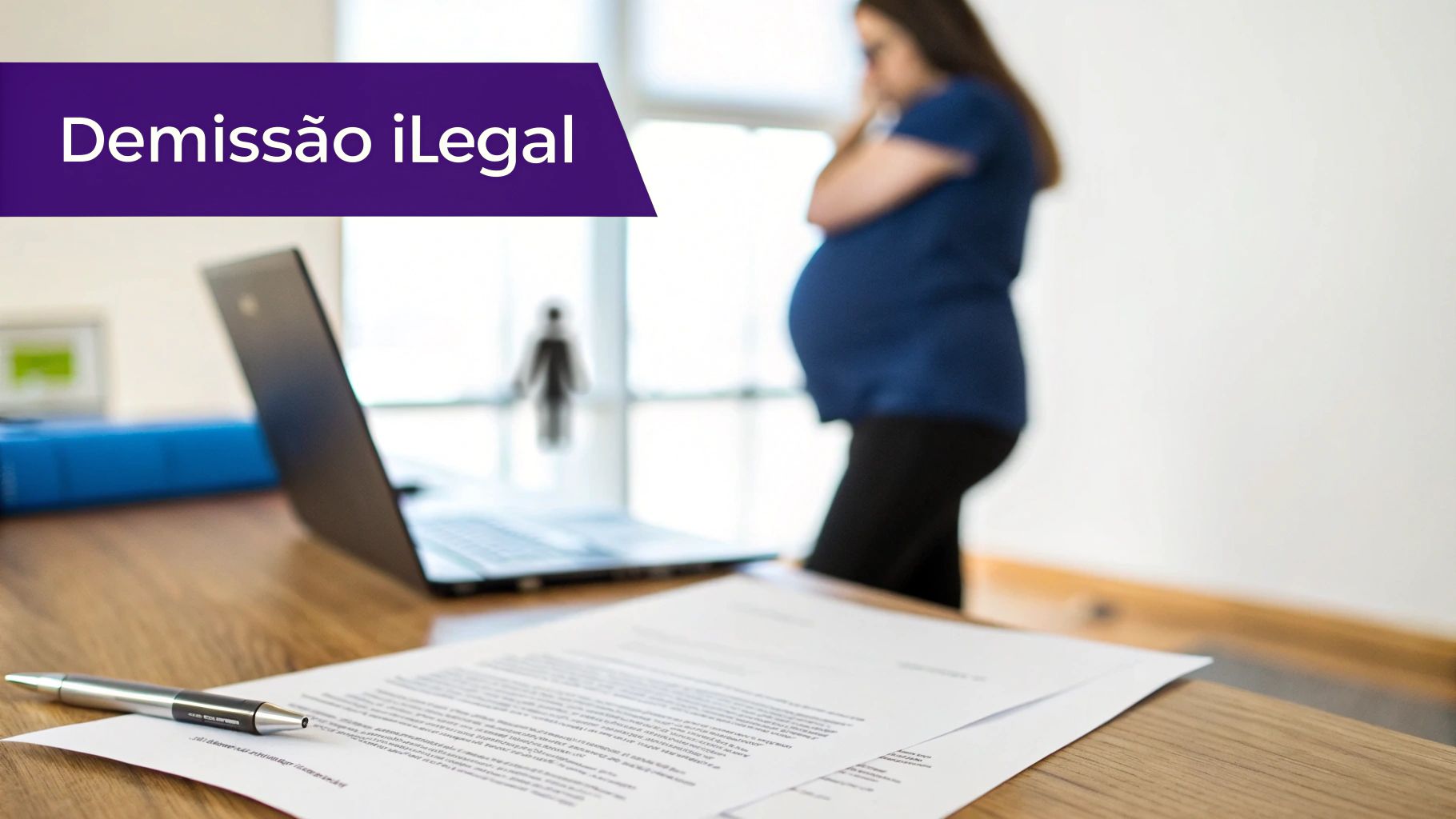 Mulher grávida em escritório com laptop e documentos, um banner roxo com 'Demissão iLegal' visível.
