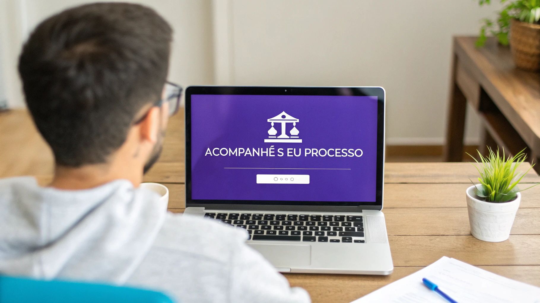 Pessoa usando um notebook para consultar o andamento de um processo online.