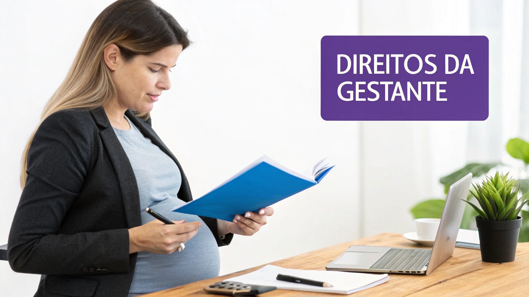 Direito Trabalhista de Gestante: Guia Completo 2024 1 Mulher grávida em ambiente de trabalho, revisando documentos com tranquilidade