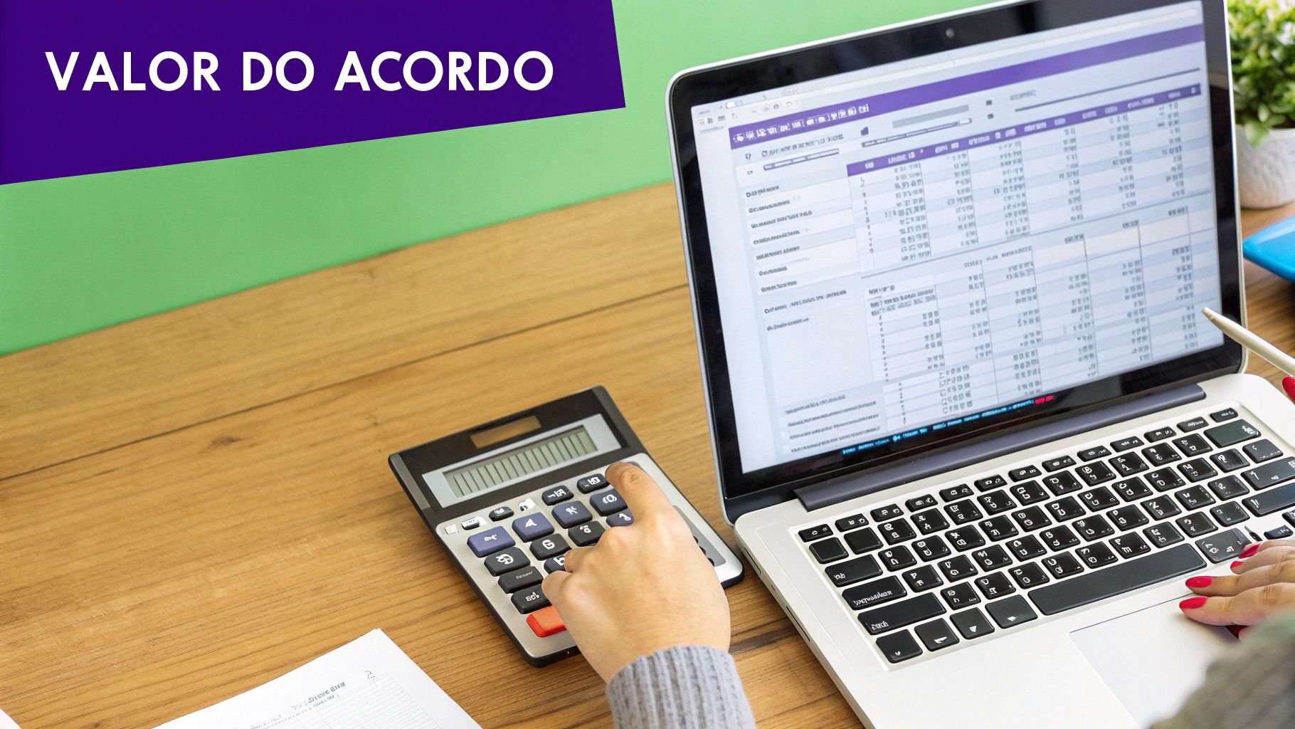 Acordo Trabalhista Judicial: Guia Completo de Como Funciona e Quando Vale a Pena 2 Mão usando calculadora ao lado de laptop, com texto 'VALOR DO ACORDO', ideal para cálculos financeiros de um acordo.