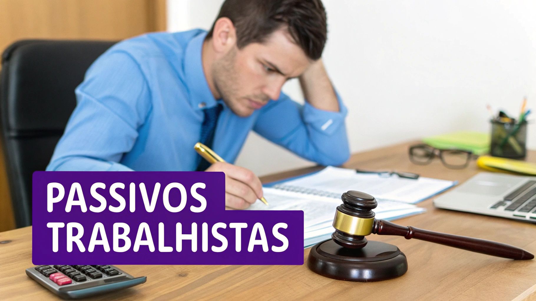 Descanso Semanal Remunerado CLT: Guia Completo 2024 3 Homem pensativo em um escritório, escrevendo, com calculadora e martelo de juiz. O texto 'PASSIVOS TRABALHISTAS' em destaque.