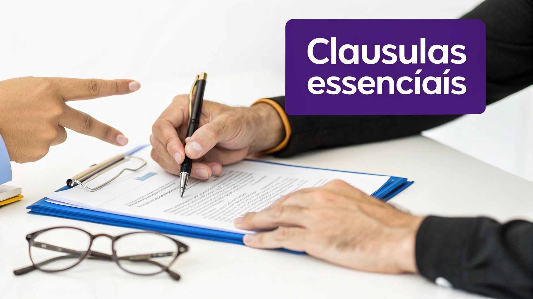 Duas pessoas revisando e assinando um documento com uma caneta, com óculos e a frase 'Cláusulas essenciais' destacada.