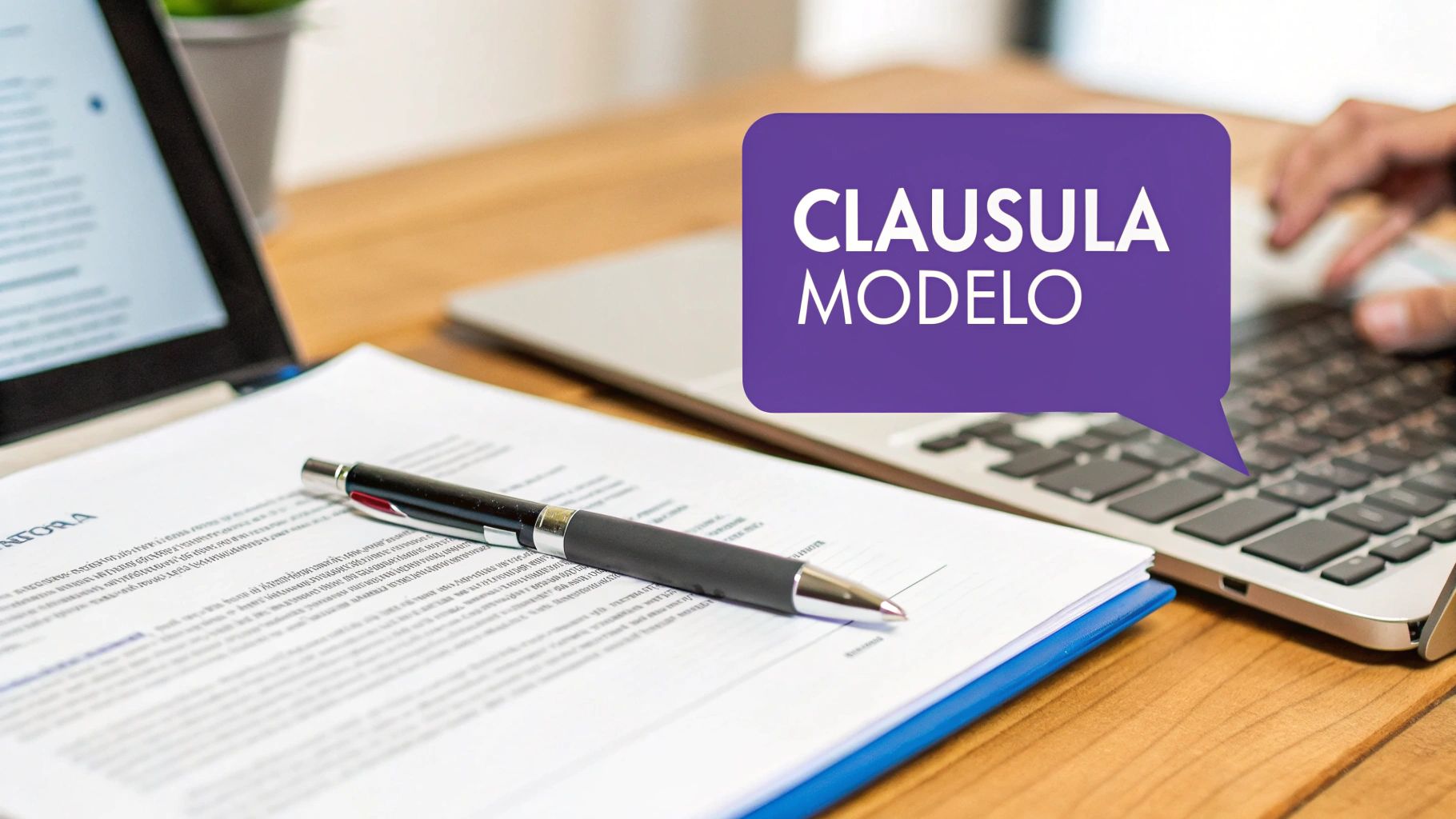 Uma mão escrevendo cuidadosamente uma cláusula em um contrato com uma caneta-tinteiro, simbolizando precisão e segurança jurídica.