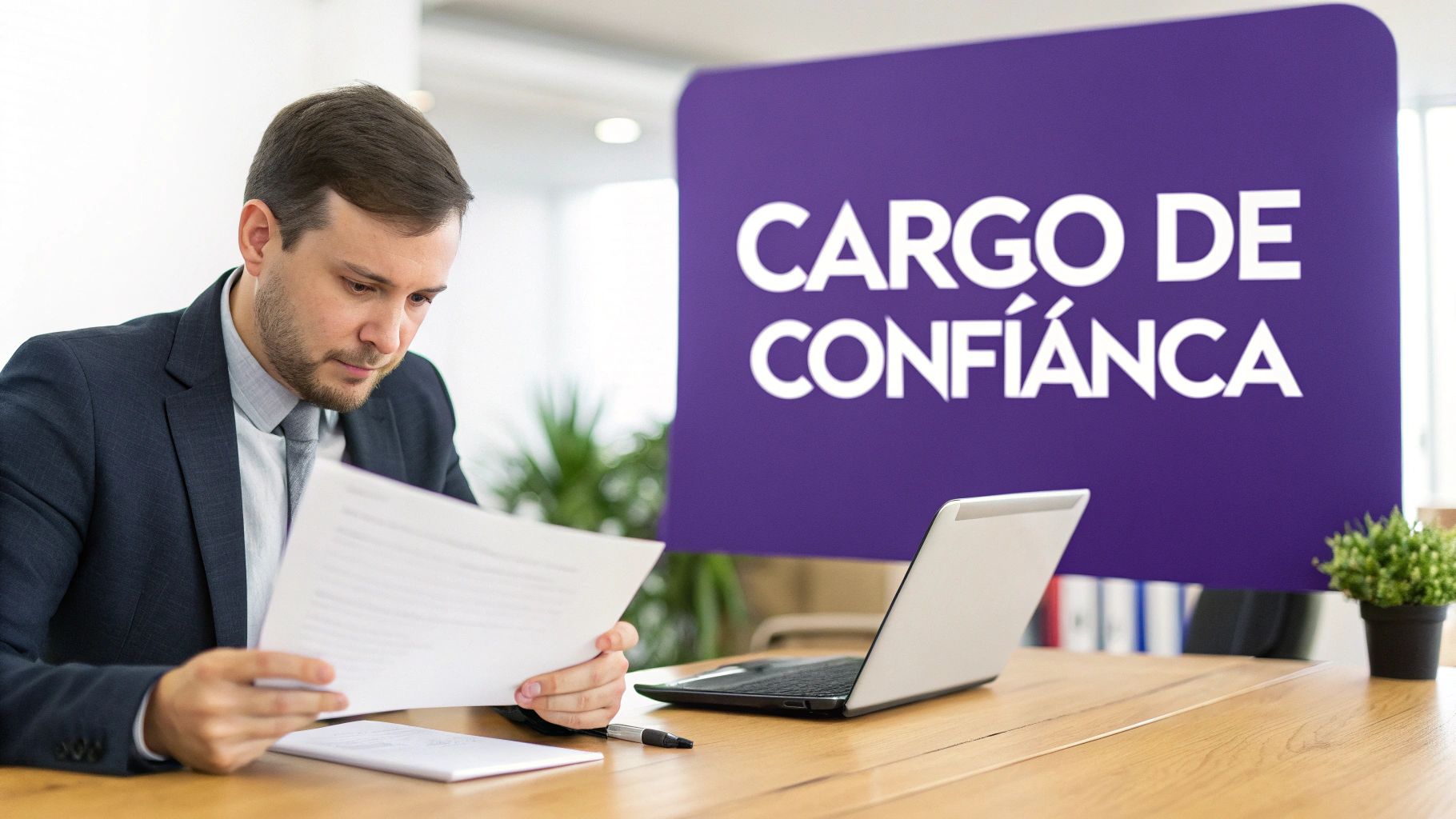 Profissional em cargo de confiança analisando documentos em escritório corporativo moderno