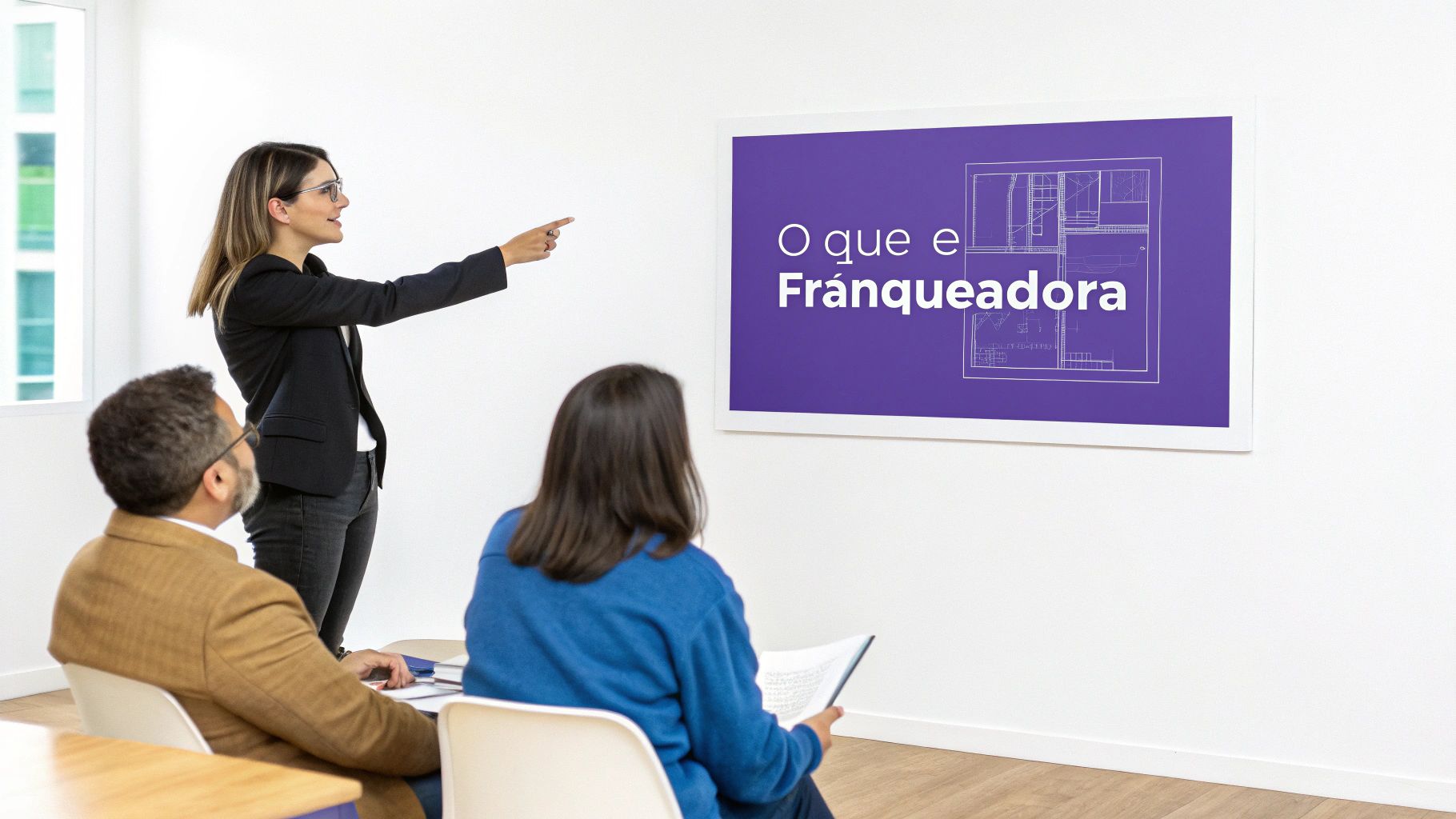 Mulher apresenta para dois alunos sobre o tema 'O que é Franqueadora' em uma sala de aula.