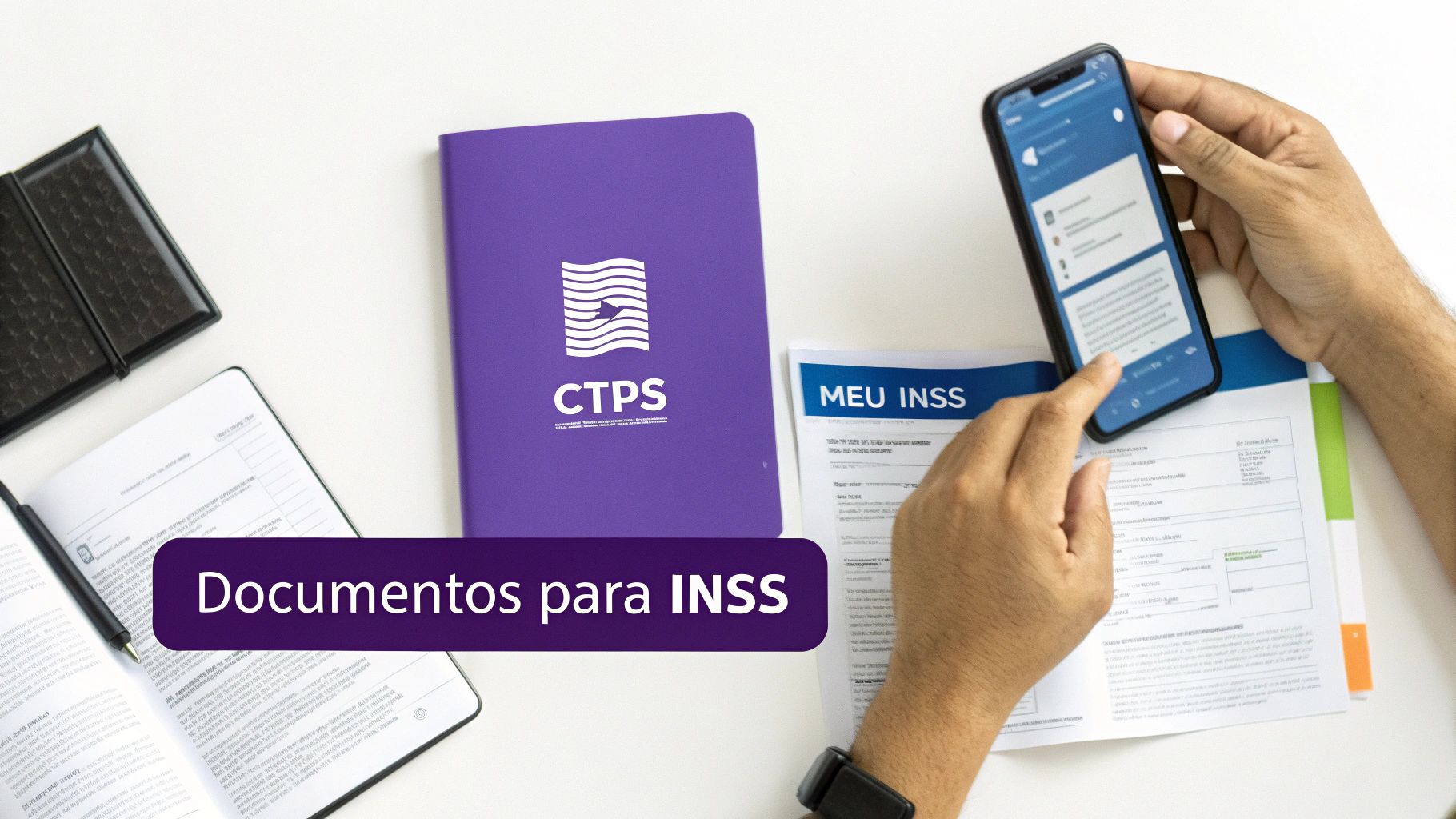 Como Funciona a Aposentadoria por Tempo de Contribuição: Guia 2024 3 Mãos segurando smartphone com app Meu INSS, documentos CTPS e formulários INSS em uma mesa.
