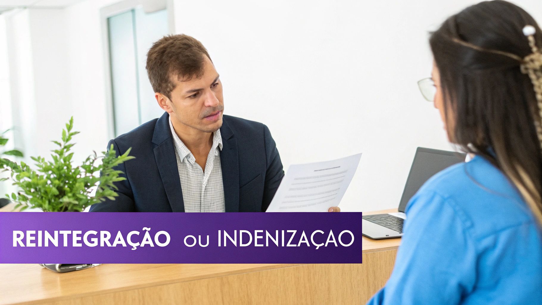 Trabalhadora sendo demitida e recebendo documentos de um representante da empresa.