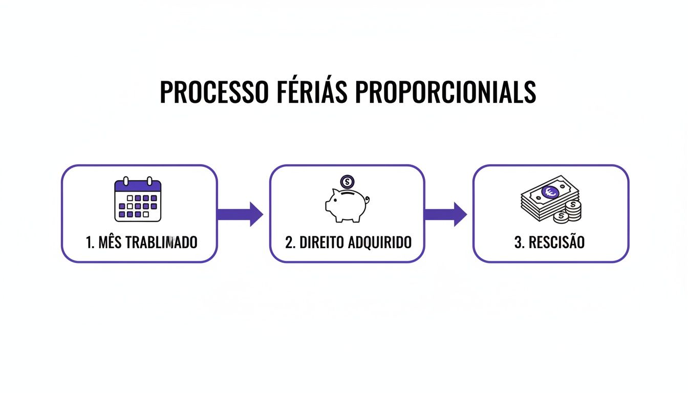 Fluxograma do processo de férias proporcionais com três etapas: mês trabalhado, direito adquirido e rescisão.