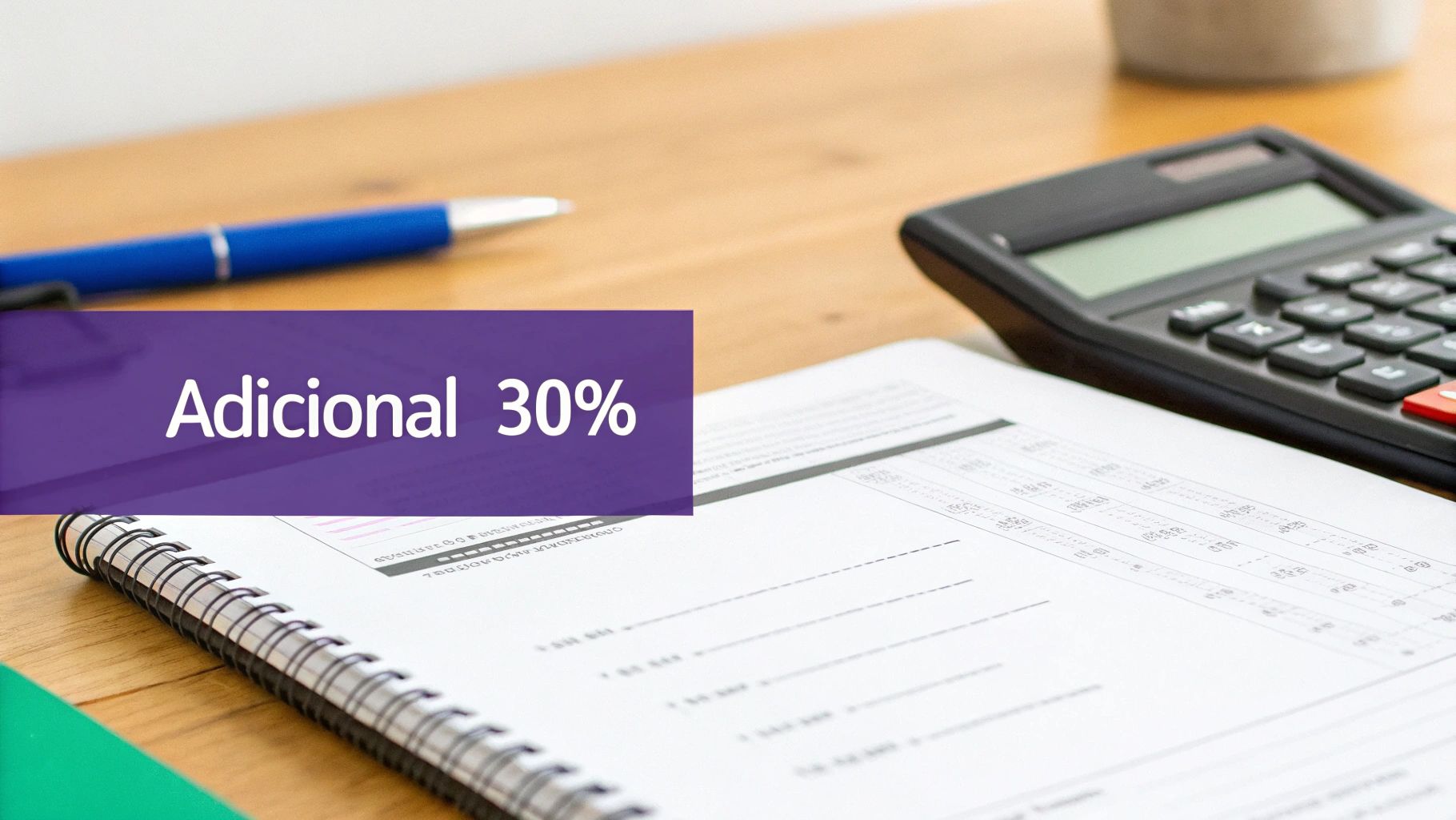 Calculadora, papéis financeiros e caneta sobre mesa representando cálculo do adicional de 30%
