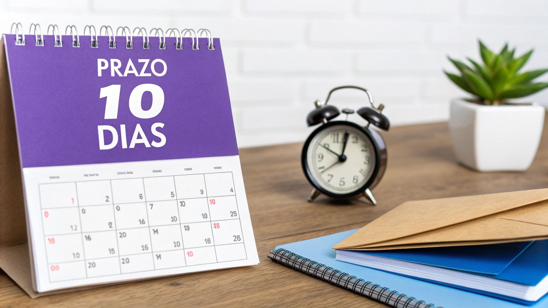 Calendário roxo em mesa de madeira com 'PRAZO 10 DIAS', despertador, planta e cadernos. Foco no prazo.
