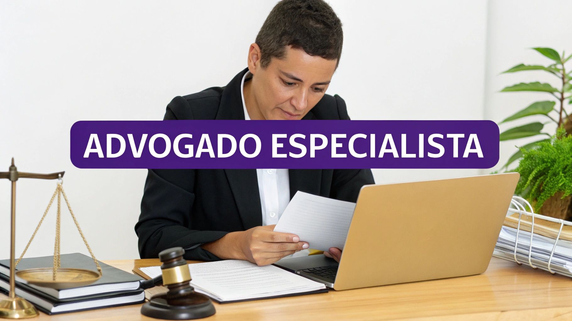 Um advogado especialista revisando documentos de uma causa trabalhista em seu escritório.