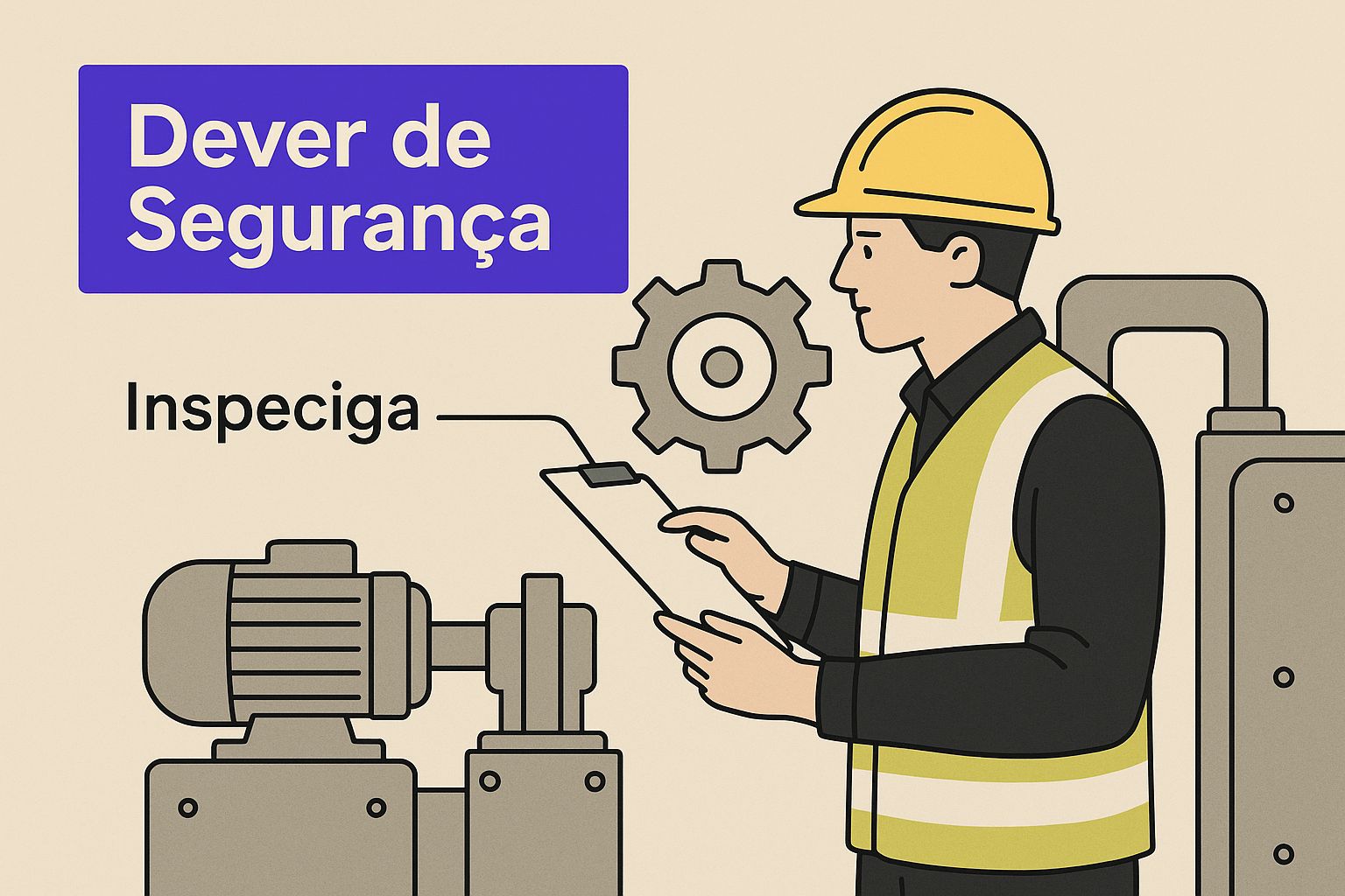 Infográfico sobre responsabilidade civil do empregador, mostrando um operário com capacete inspecionando uma máquina, com o texto 'Dever de Segurança' em destaque.
