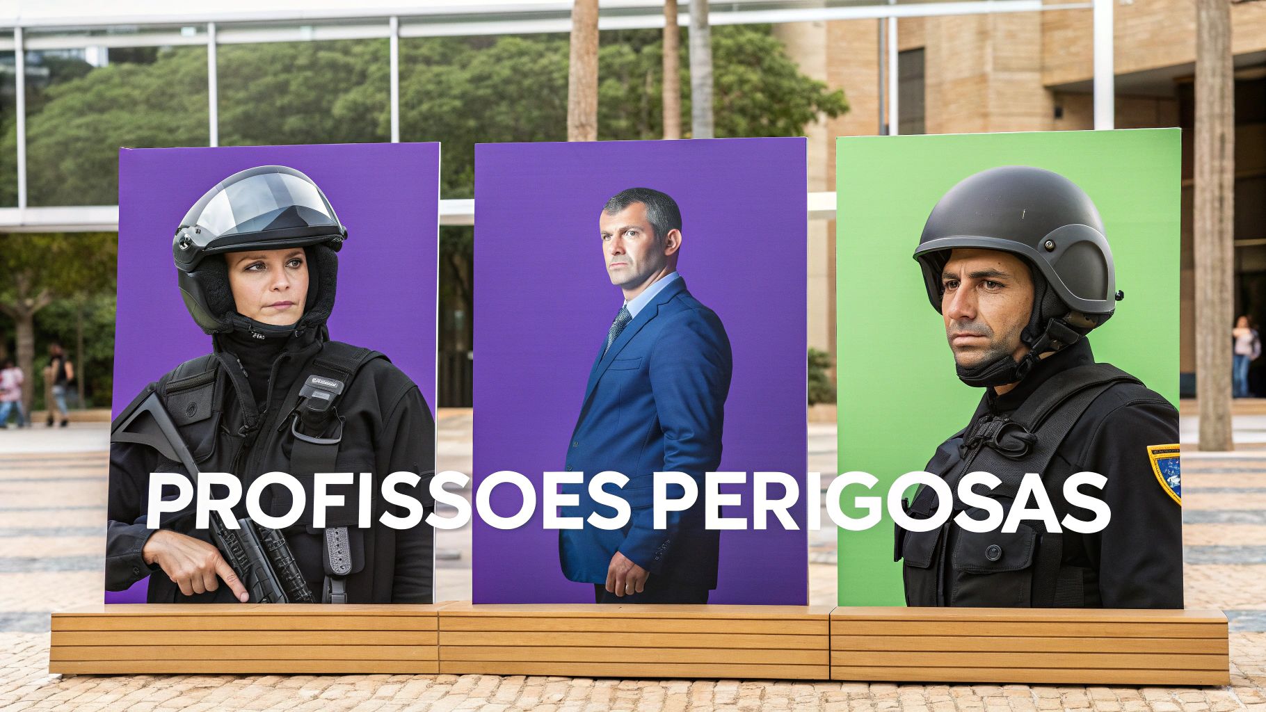 Três painéis exibem profissionais: dois com uniformes táticos e um de terno, com texto 'PROFISSÕES PERIGOSAS'.