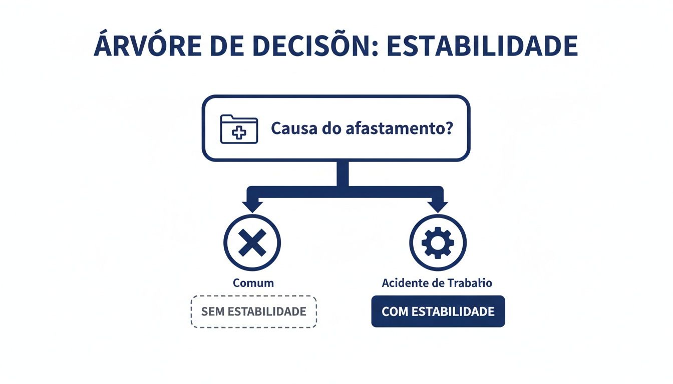 Árvore de decisão sobre estabilidade após afastamento do trabalho: comum resulta em sem estabilidade, acidente em com estabilidade.