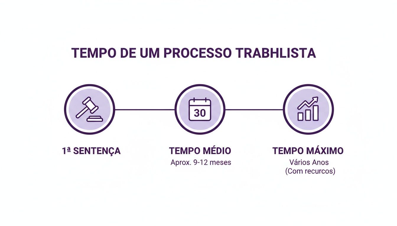 Infográfico detalhando o tempo de um processo trabalhista no Brasil, incluindo a 1ª sentença, tempo médio e máximo com recursos.