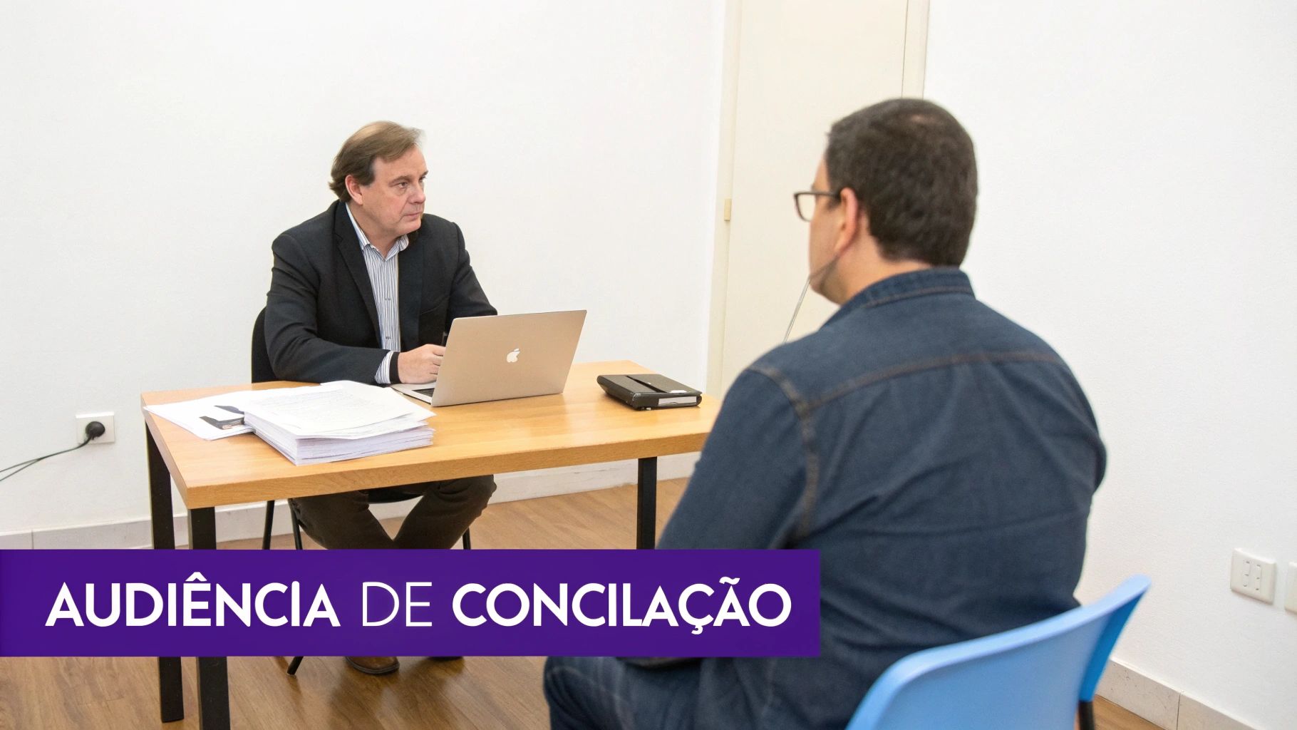 Dois homens em uma audiência de conciliação, sentados em frente a uma mesa com laptop e documentos.