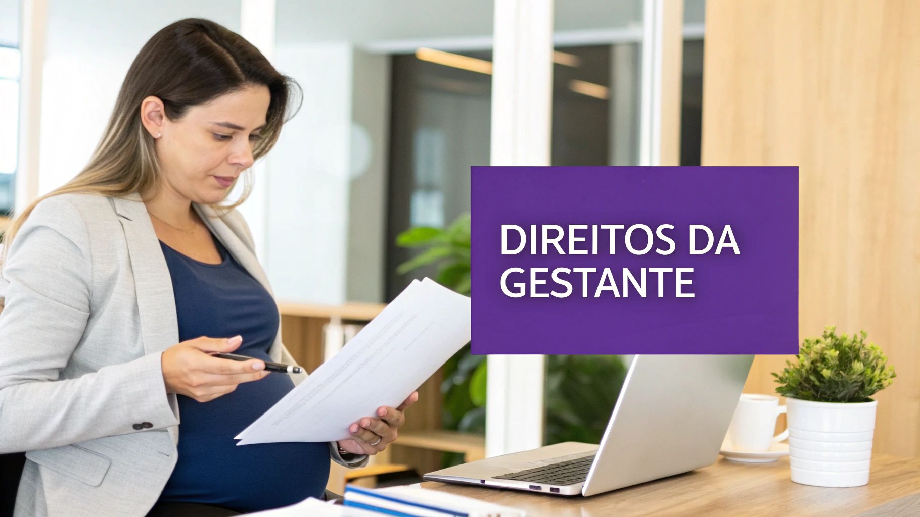 Mulher grávida trabalhando em um notebook, simbolizando a proteção dos direitos trabalhistas da gestante.