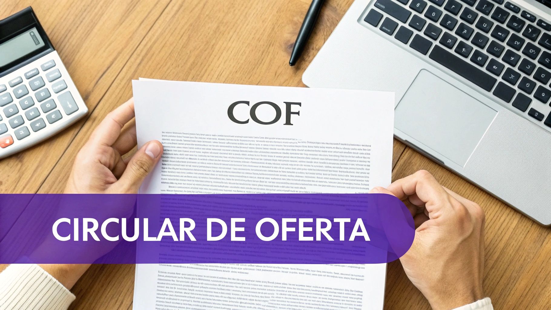 Mãos segurando um documento com 'COF CIRCULAR DE OFERTA', calculadora e laptop ao fundo.